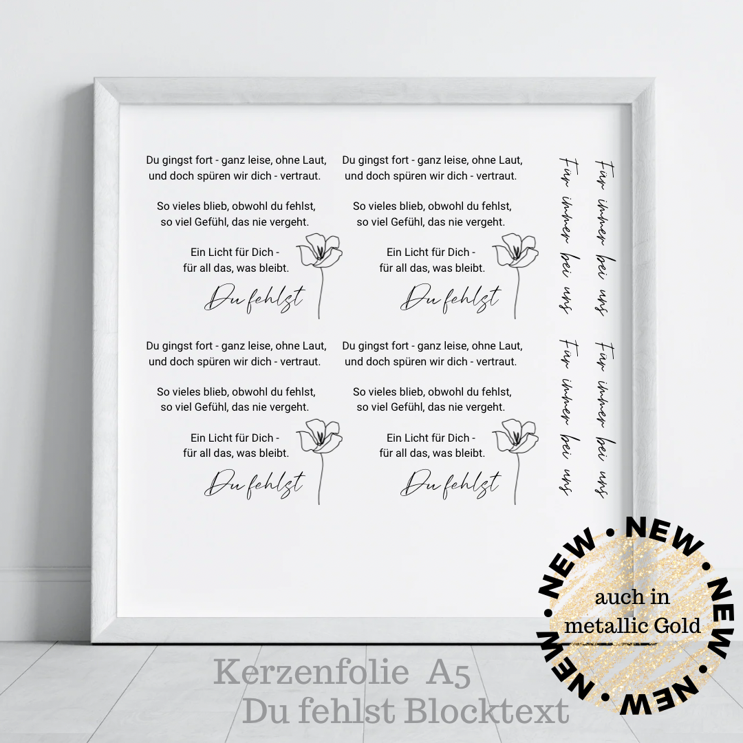 Kerzentattoo Du fehlst/Trauer Metallic Wasserschiebefolie | für Blockkerzen